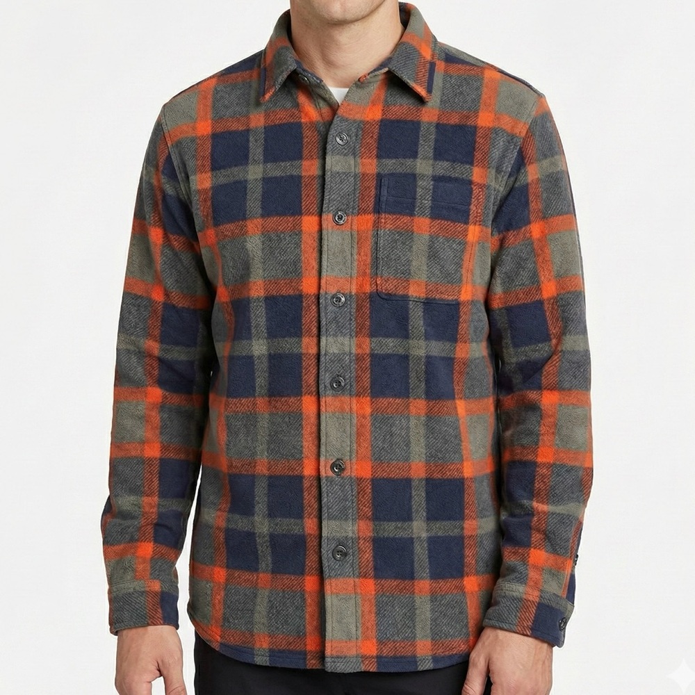 Eddie Bauer Orange Grey Plaid Fleece Button-Down Shirt Sz M LIKE NEW Hiking Camp